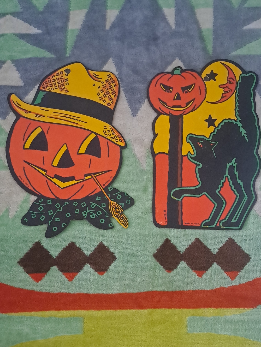 Vintage Beistle Halloween Pumpkin and Black Cat Halloween Decorations Cutouts